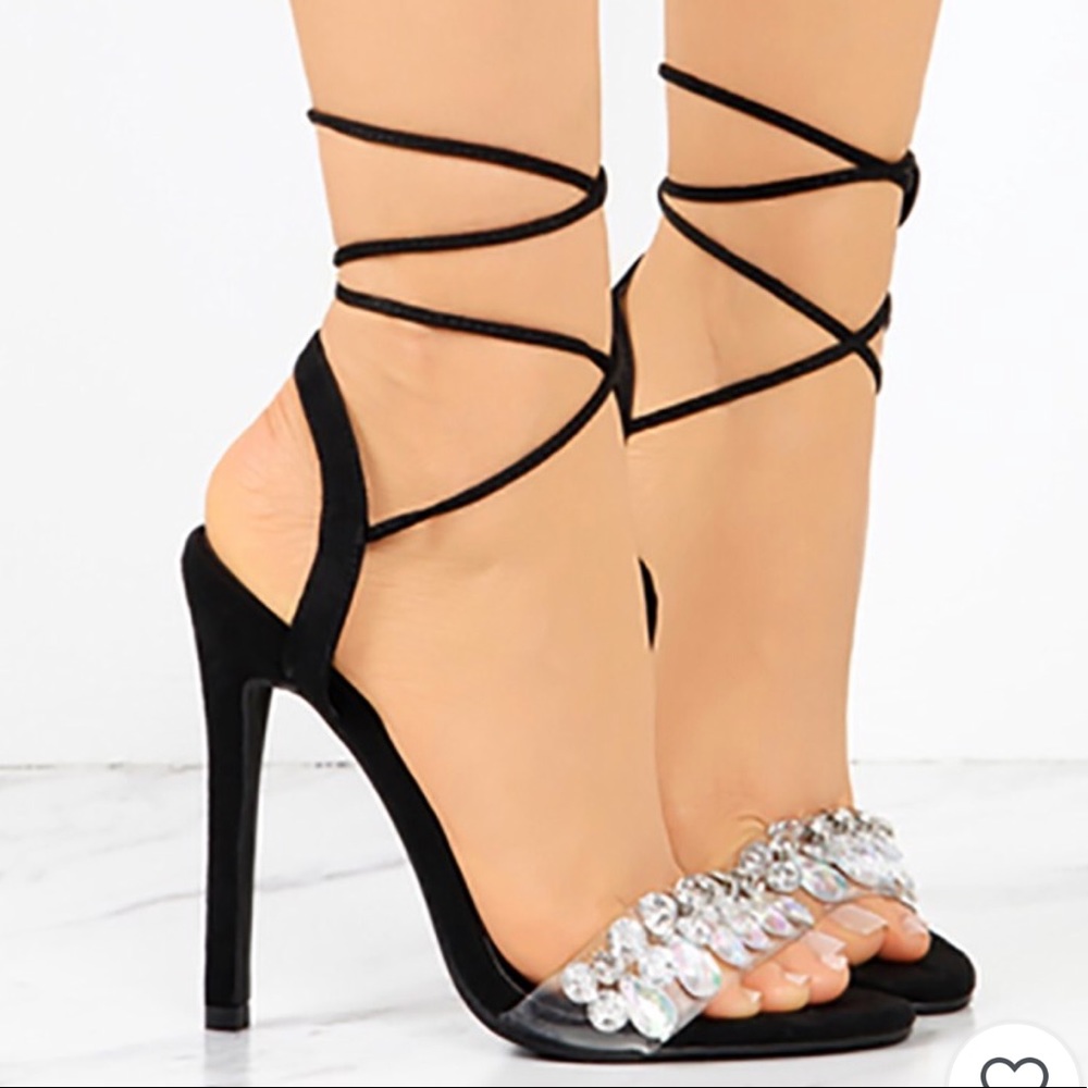 Black Jeweled Tie Up Heels